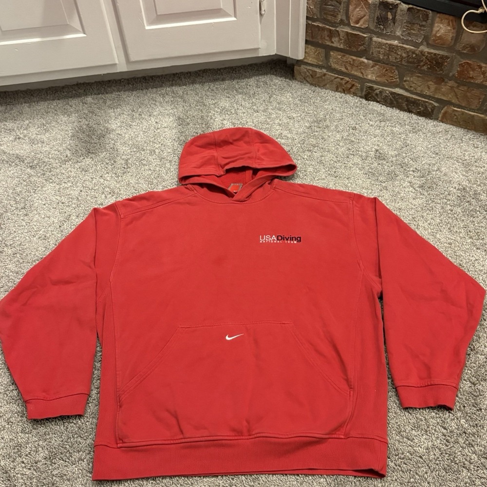 USA Diving Nike Team Issue Center Swoosh Check Hoodie Red Mens Size Large RARE